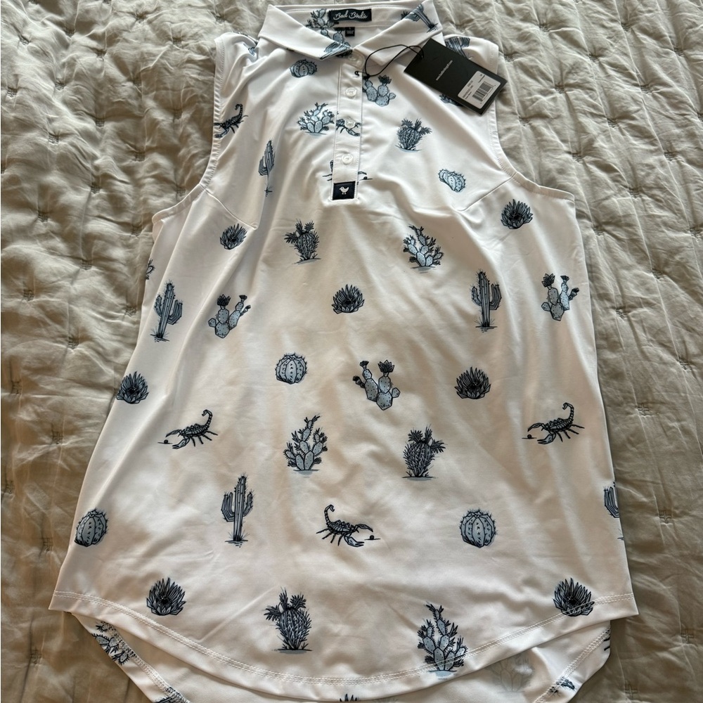 Women's Bad Birdie White and Blue Cactus Print Sleeveless Golf Shirt
